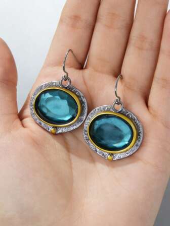 1 Pair Vintage Round Inlaid Green Stone Earrings Geometric Creativity Silver Color Dangle Earrings For Women Jewelry