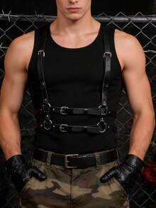 1件朋克哥特几何图案PU皮男士吊带，节日服装礼物 - 黑色 - 查看 1