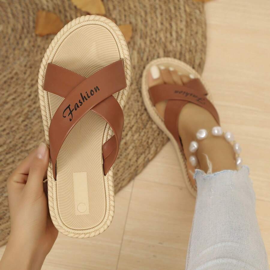 1 Pair Beach PU Leather Letter Flat Sandals, Suitable For Home & Holiday, Summer - Coffee Brown - View 1