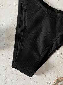 Bikinx Solid Color Women's Bikini Swimwear, Daily Strap Padded Bra Tie Front Ribbed Bikini Set Summer - Black - View 5