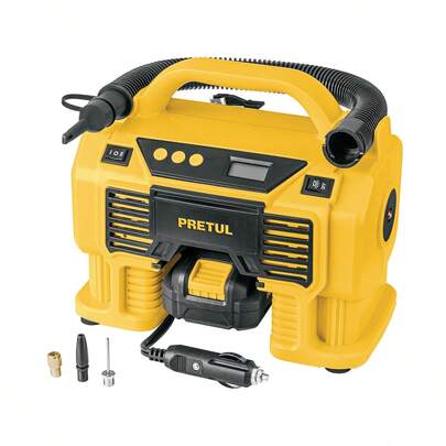 Inflador/soplador para auto, 20V, 1 batería 2Ah, PRETUL • Inflado de llanta (Neumático: 185/65, Rin 15| Presión: 0-35 psi) en 6 minutos • Luz LED para iluminar el área de trabajo • Apagado automático y función de desinflado • Cable de alimentación con adaptador para auto • Ideal para inflar llantas de bicicletas, neumáticos, balones y juguetes inflables • Sistema de batería compatible con familia Pretul