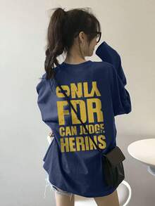 女款春季新款字母對比色印花休閒寬鬆街頭風長袖T恤上衣 - 藏藍 - 查看 2