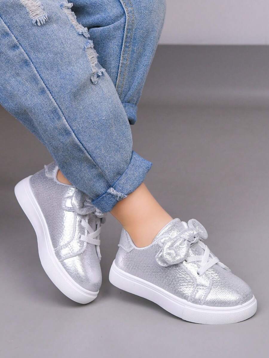 Girls' Bowknot Low-Top Canvas Sneakers, Comfortable Sports Shoes For Spring/Summer - Silver - View 1
