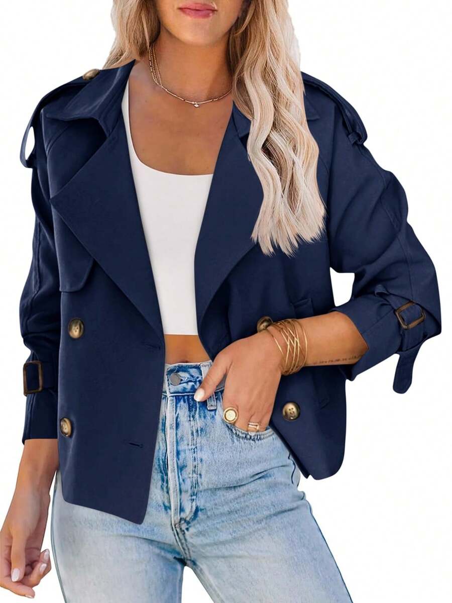 Womens Cropped Trench Coat Double Breasted Raglan Sleeve Office Work Jacket With Pockets - 藏蓝色 - 查看 1