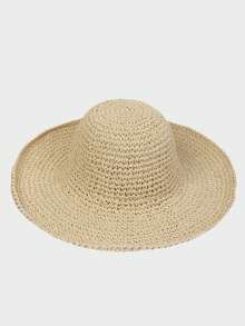 1顶女士草帽，素色钩针编织大帽檐可折叠草帽，时尚百搭，是夏季海滩度假的理想之选 - 草帽 - 查看 8
