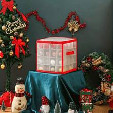 Christmas Ornament Storage Box With Lid, 64 Ornament Box With Zippers And Dividers, Christmas Decor Storage Containers - Red - View 4