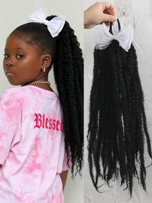  1pc 20 Inch Synthetic Crochet Marly Braids Hair Kids Faux Braid Wigs With Yarn Bow Braiding Hair Afro Kinky Crochet Hair Extensions With Rubber Bands Heat Resistant - Natural Black - View 12
