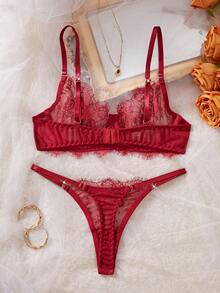 Style Dream 1 套女士性感内衣，酒红色蕾丝花卉文胸套装，配有可调节肩带，性感女士文胸新娘内衣套装，贴身衣物圣诞礼物 - 酒紅色 - 查看 2