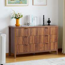 Fluted 6 Drawer Double Dresser For Bedroom, 47" Wide Modern Closet Dressers Chest Of Drawers, Wood Storage Dresser Organizer For Nursery Bedroom Living Room Hallway Closet, Walnut - 31.5吋寬三抽屜梳妝台(原木色) - 查看 11