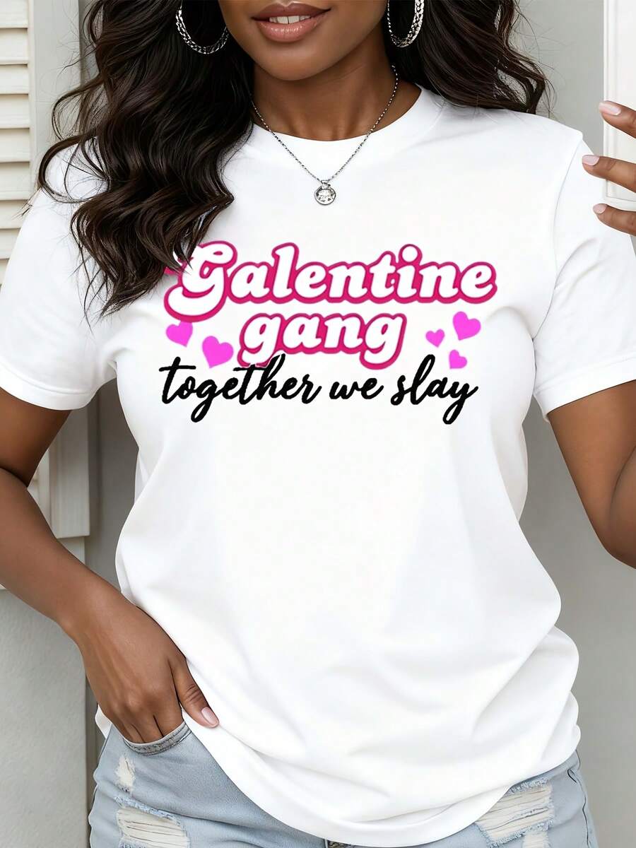 Galentine Day Women Plus Size Short Sleeve T Shirt Galentine Gang Together We Slay Print For Friends Party Celebration - trắng - Xem 1