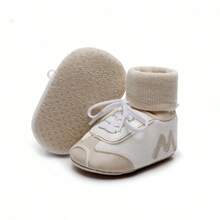 Soft Sole Baby Boots For Boys Girls Newborn Letter Patch PU Flats Shoes Crib Shoes Perfect First Walking Booties, 0-18Months, Spring-Autumn Style / Fleece-Lined Style - Khaki Fleece-lined Version - View 3
