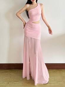 顶级炫彩纯色修身时尚单肩不对称无袖连衣裙 - 粉色 - 查看 4