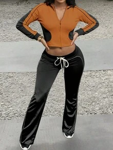 2pcs Women's Fashion Cropped Hoodie Top And Flare Pants Set, With Zipper And Drawstring Details - Brown - View 6