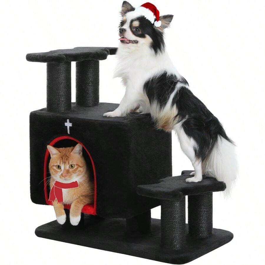 3-In-1 Dog Stairs & Cat Scratching Post With Condo - Pet Steps For High Beds, Sofa & Couch, 3-Tier Cat Tower With Sisal Scratching Pad For Small Dogs, Cats & Kittens, Black - Black - View 1
