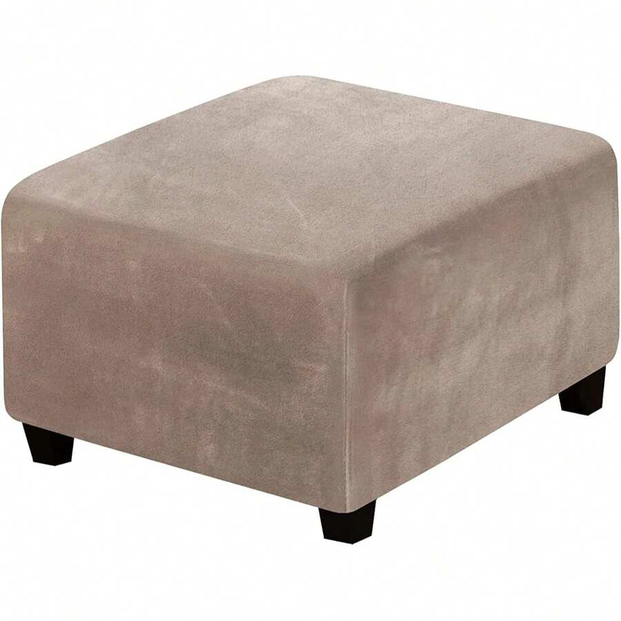 1pc Velvet Square Footstool Cover, Stretch Footrest Protector, Storage Ottoman Slipcover With Elastic Bottom - Khaki - View 1