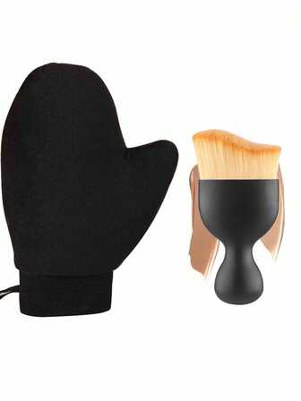 2er Set: 1 Stück Körperlotion Handschuhe + 1 Stück Foundation Pinsel, Körperlotion Applikator Handschuhe, Selbstbräuner Handschuh, Schlabberige Lotion Applikator, große schwarze Flockhandschuhe, bequemer weicher Griff Foundation/Puder Make-up Pinsel