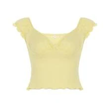 2026 New Year Women's Euro-American Sweet V-Neck Puff Sleeve Short-Sleeve Solid Color Cropped Sexy Versatile Top - Màu vàng - Xem 12