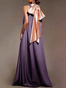 SUNSTORY Women's Fashion Silk Color Block High Neck Backless Bow Tie Sleeveless Maxi Dress, Suitable For Dates, Vacations, Birthdays, Parties, Autumn - Purple - View 2