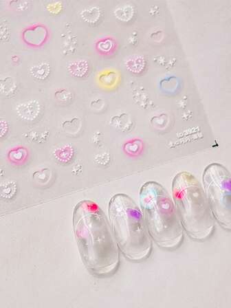 1 Sheet 5D Embossed Heart Nail Stickers Valentine's Day Nail Art Stickers Heart Nail Decals Self-Adhesive DIY Manicure