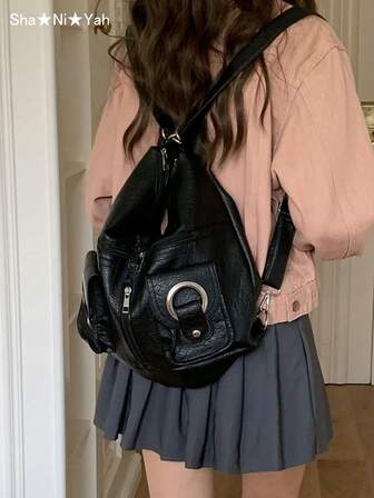 Large Capacity Commuter Backpack, Korean Style Minimalist Personalized Versatile Fashionable Zipper Pocket PU Leather Tote Shoulder Bag