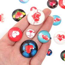 10pcs/Pack Red Heart Printed Glass Cabochon, 8-25mm Round Electrocardiogram Shape For Valentine's Day, DIY Jewelry Making Pendant