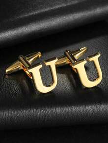 1 Pair A-Z 26 English Letter Stainless Steel Cufflinks, Men's Fashion French Cufflinks, Suitable For Wedding, Birthday, Business, Daily Wear, Gold, Silver, Cross-Border Supply Gold 26 Smooth Metal Stainless Steel Cufflinks Wholesale For Men's Dress Shirts - Yellow Gold - View 22