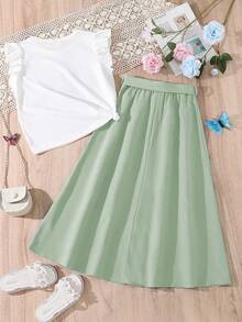 Tween Girl Butterfly & Flower Print T-Shirt With Front Button Skirt - Green - View 2