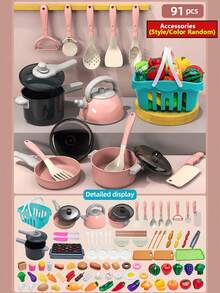 Delightful Pretend Pink Kitchen Toy Set - Cookware, Dishware, Play Food Cutting Toys, Shopping Basket - Perfect Learning Gift For Girls And Boys! (E-Commerce Box Packaging) - Pink - View 15