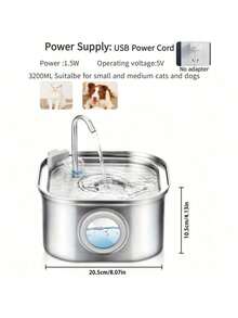 1pc 108.2oz Stainless Steel Automatic Pet Water Dispenser, Big Eyes Design, Quiet USB Powered, Suitable For Cats & Dogs, With Water Level Window, No Battery Required