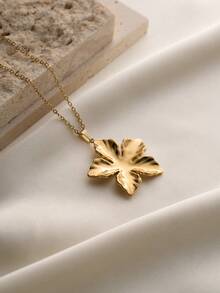 1 pieza Elegante collar con colgante de flor 3D, estrella martillada, lazo en forma de corazón, de acero inoxidable chapado en oro de 18K, cadena de clavícula hipoalergénica, adecuado para el uso diario de las mujeres, versátil y regalo para días festivos - Dorado - Ver 6