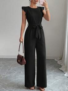 Women Summer Overall One Piece Jumpsuit Crew Neck Ruffle Cap Sleeve Self Belted High Waist Wide Leg Straight Romper With Pockets Spring Casual Beach Vacation Holiday Outfits - 黑色 - 查看 5
