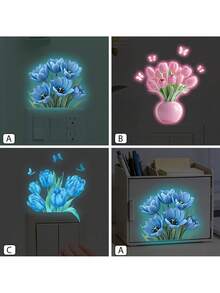 BRUP 1 张夜光蓝色花朵开关贴纸，3D 夜灯花朵，装饰发光贴纸，适用于灯开关面板，可移除即撕即贴墙贴，神秘花园主题装饰 - 彩色 - 查看 5