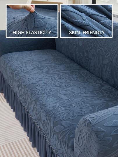 1pc Jacquard Skirt Edge Stretch Sofa Cover, Plant Pattern, Dustproof & Dirt-Resistant, Elastic One-Piece Full Coverage Sofa Protector, Living Room Home Decor, Machine Washable