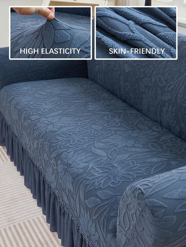 1pc Jacquard Skirt Edge Stretch Sofa Cover, Plant Pattern, Dustproof & Dirt-Resistant, Elastic One-Piece Full Coverage Sofa Protector, Living Room Home Decor, Machine Washable
