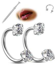 20G/18/16G Anillos de nariz en forma de herradura, anillos de labio, aros, pendientes con doble circonita cúbica, rosca interna, acero inoxidable hipoalergénico de 8 mm para hélice, daith, trago, septum, joyería de perforación de nariz para mujeres con taper y agarrador de bola - 2 anillos de herradura - Ver 15
