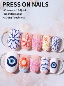 Bộ 24 miếng dán móng tay gel 3D hình oval ngắn, họa tiết hoa, vỏ sò, ngọc trai giả, kiểu móng Pháp, độ dài ngắn vừa vặn hoàn hảo, bộ móng giả acrylic bao gồm: 1 miếng gel dẻo và 1 dũa móng, kiểu móng Pháp, móng mùa hè, phù hợp cho phụ nữ đi làm hàng ngày, dự tiệc, v.v. Dụng cụ làm móng - Nhiều màu - Xem 2