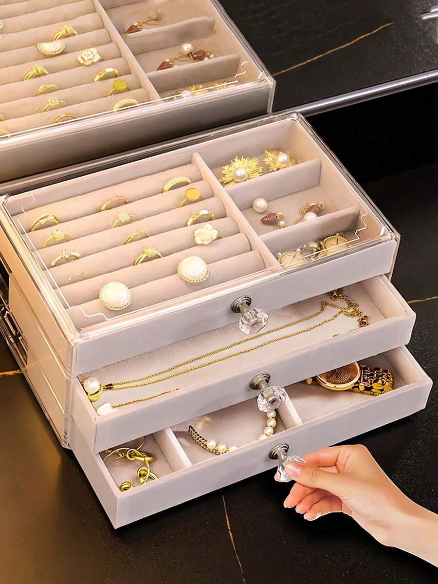 1个7/5/3/1层天鹅绒首饰盒，戒指盒，耳环收纳盒，带抽屉的首饰整理盒，采用透明塑料和天鹅绒材质，优雅的首饰架，可收纳戒指、项链、手镯、耳环和吊坠，三层首饰整理架，配有水晶形提手，女士奢华首饰收纳架 - 彩色 - 查看 1