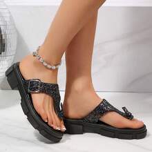 New Women's Thick Sole Buckle Rhinestone Thong Sandals, Fashion Elegant Versatile - Black - View 6