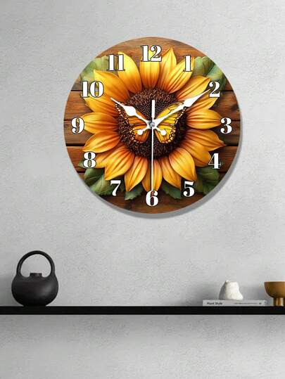Country Sunflower & Butterfly Wall Clock - Silent Non-Ticking Quartz Movement, Large Yellow Dial, Black Hands, Wood Grain Dial, Brown Sunflower Pattern, Durable Wooden Structure, Suitable For Living Room, Bedroom, Kitchen, Office, Garden - Modern Farmhouse Decor, Ideal Christmas/Birthday Gift, Easy To Read Analog Clock, Living Room Wall Clock, Vintage Wall Clock, Large Decorative Clock, Fashionable Wall Clock