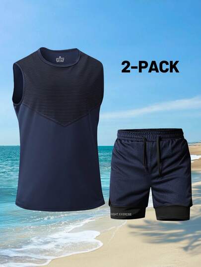 1套男士夏季无袖运动背心+双层篮球短裤户外健身训练服