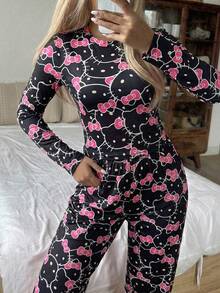 SANRIO 2 piezas Conjunto de pijama de mujer HELLO KITTY, con top de manga larga y pantalones, de colores vibrantes y lindos, de moda para primavera/otoño - Negro - Ver 3