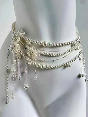 1件装 时尚奢华休闲优雅精致独特轻盈百搭蝴蝶花朵珍珠多层流苏腰链，女士饰品