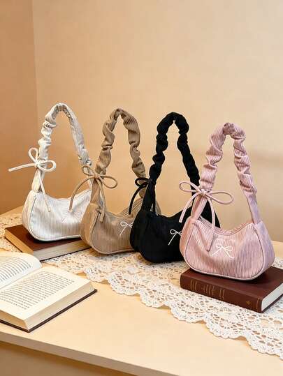 1pc Fashionable And Casual Style Solid Color Sweet Style Shoulder Bag With Bowknot Embroidery And Zipper Closure, Meeting Basic Storage Needs. Available In Multiple Colors, Suitable For Teenage Girls, Perfect For Travel, Decoration, It's Also An Ideal Holiday Gift For Friends.
