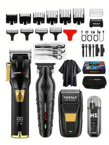 HIENA 4-In-1 Professional Men's Electric Grooming Kit - Cordless Hair Clipper, Shaver, Body Groomer, Nose Trimmer, Rechargeable Lithium Battery, LED Display, Luxury Gift Box, Multiple Accessories, Personalized Grooming Tool, Ideal Gift - Black - View 1