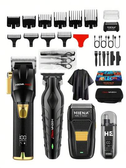 HIENA 4-In-1 Professional Men's Electric Grooming Kit - Cordless Hair Clipper, Shaver, Body Groomer, Nose Trimmer, Rechargeable Lithium Battery, LED Display, Luxury Gift Box, Multiple Accessories, Personalized Grooming Tool, Ideal Gift