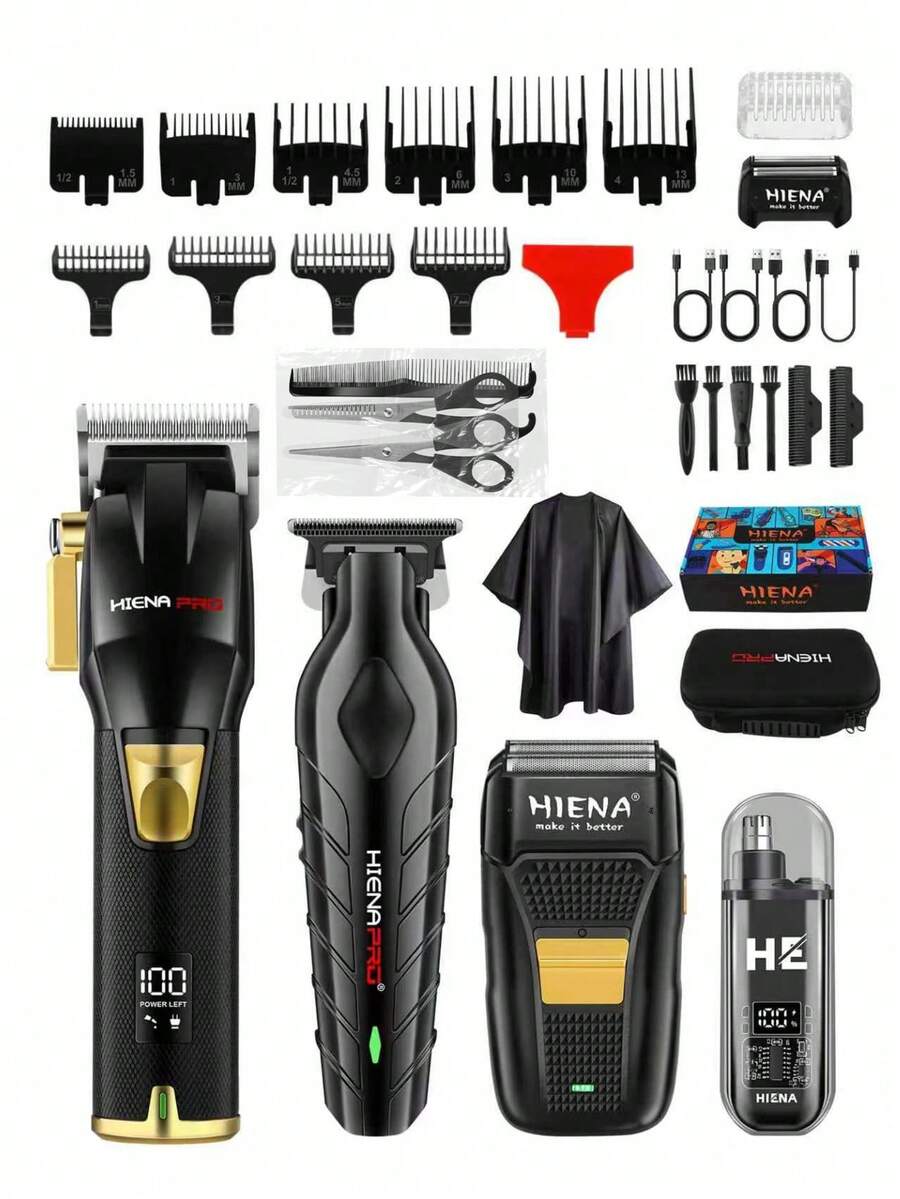 HIENA 4-In-1 Professional Men's Electric Grooming Kit - Cordless Hair Clipper, Shaver, Body Groomer, Nose Trimmer, Rechargeable Lithium Battery, LED Display, Luxury Gift Box, Multiple Accessories, Personalized Grooming Tool, Ideal Gift - Black - View 1