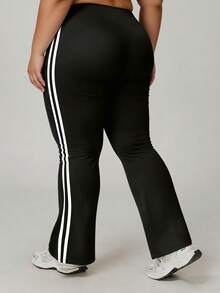 Women Plus Yoga Pants High Waist Stripes Soft Casual Stretch Flared Bottoms Trousers - Black - View 5