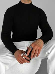 Herren Rippstrick Rollkragenpullover, modische Strickware für den Alltag - Schwarz - Übersicht 2