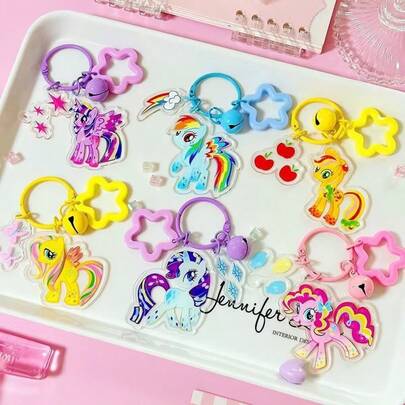 6pcs My Little Pony Acrylic Bell Star Keychains - Cute Cartoon Rainbow Pony Keyrings, Perfect For Hanging On Backpacks, Pencil Cases, Also As Decorations, Ideal Gifts For Birthday, Halloween And Christmas