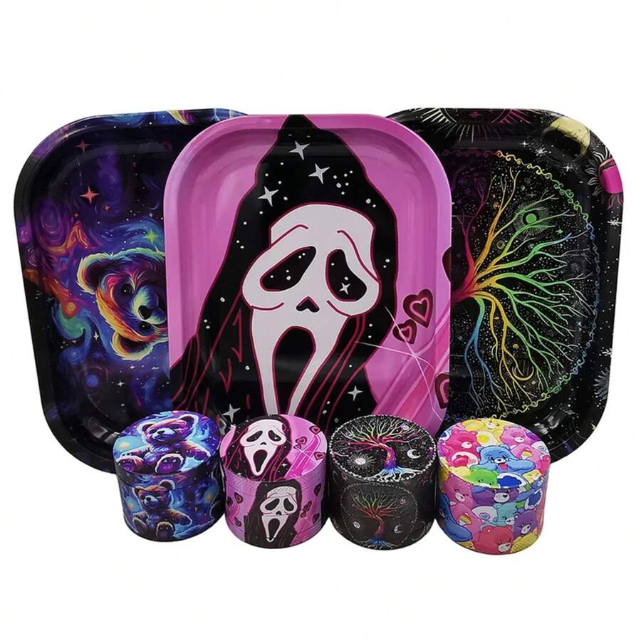 Molinillo de hierbas con bandeja rodante, rodillo de humo de tabaco de 180x140MM, molinillo de 50MM, Kit de 4 capas con estampado de oso fantasma 0EBZ - Oso A - Ver 1